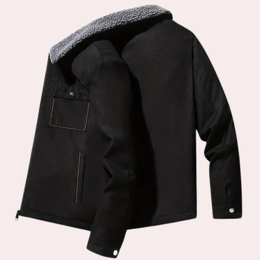 Schwarze Herrenjacke mit Kunstfellkragen, lässig, warm, modisch, Winterbekleidung.