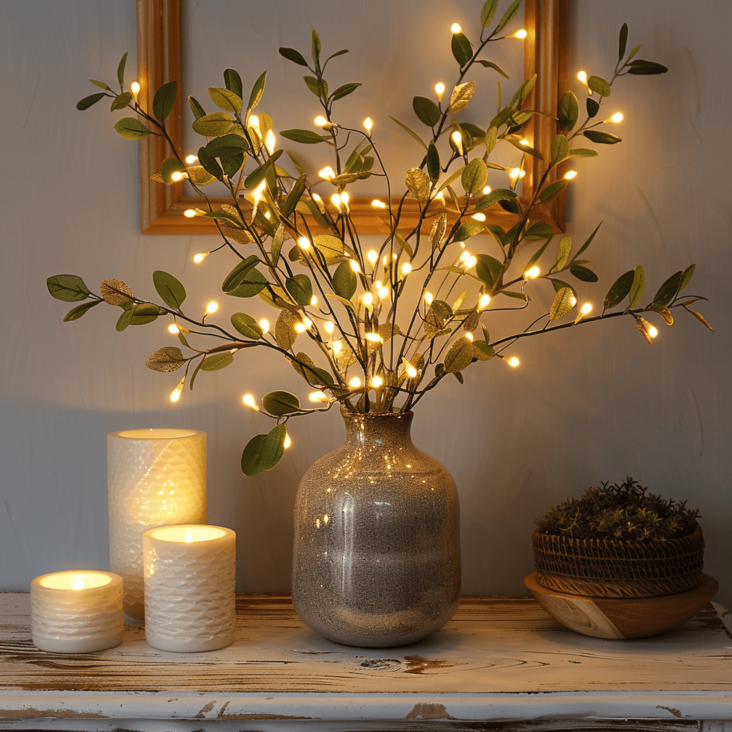 Vase mit beleuchteten Olivenzweigen, LED-Lichter, dekorative Kerzen, gemütliche Wohnkultur.
