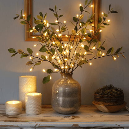 Vase mit beleuchteten Olivenzweigen, LED-Lichter, dekorative Kerzen, gemütliche Wohnkultur.