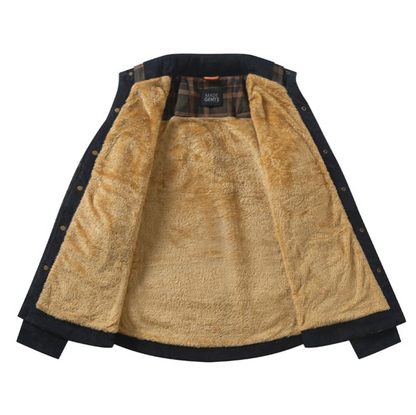Dunkelblaue Herrenjacke mit beigem Futter, Wintermode, warme Oberbekleidung, Knopfleiste.