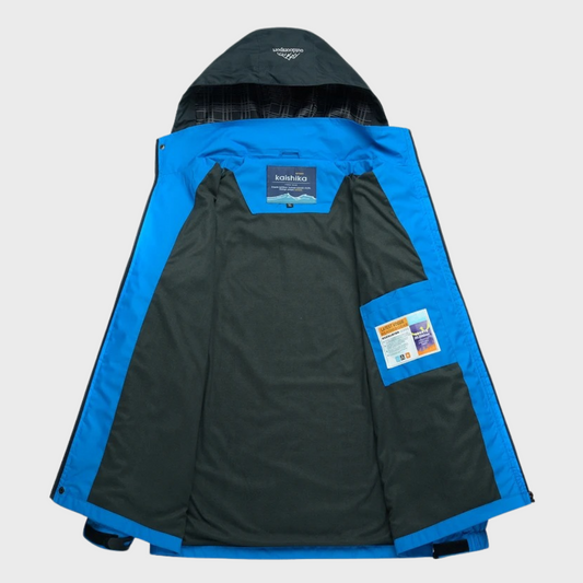 Blaue Outdoor-Jacke mit Kapuze, Innenansicht, wasserdicht, atmungsaktiv, für Herren.