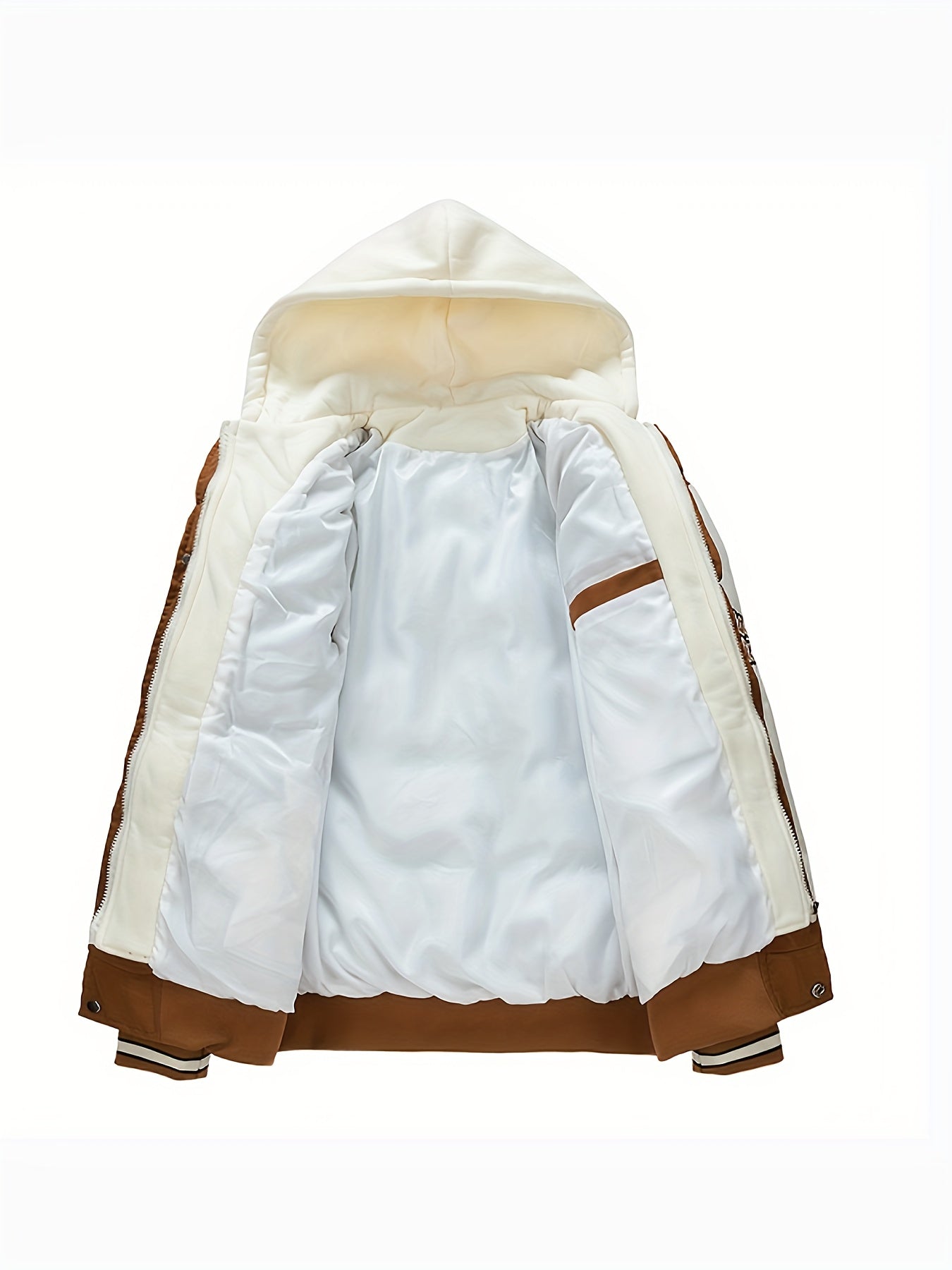 Braune Herrenjacke mit Kapuze, Innenfutter weiß, Reißverschluss, Wintermode, warm, stylisch.
