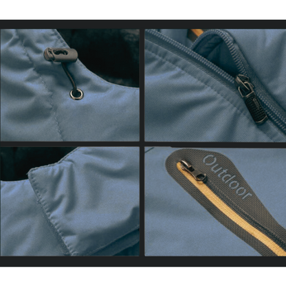 Blaue Outdoor-Jacke mit Reißverschluss, Kordelzug und Tasche, ideal für Wandern und Camping.
