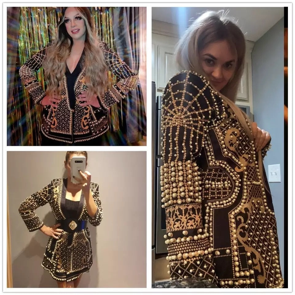 Damenjacke mit goldenen Perlen und Stickereien, schwarz, elegant, festlich, modisch.