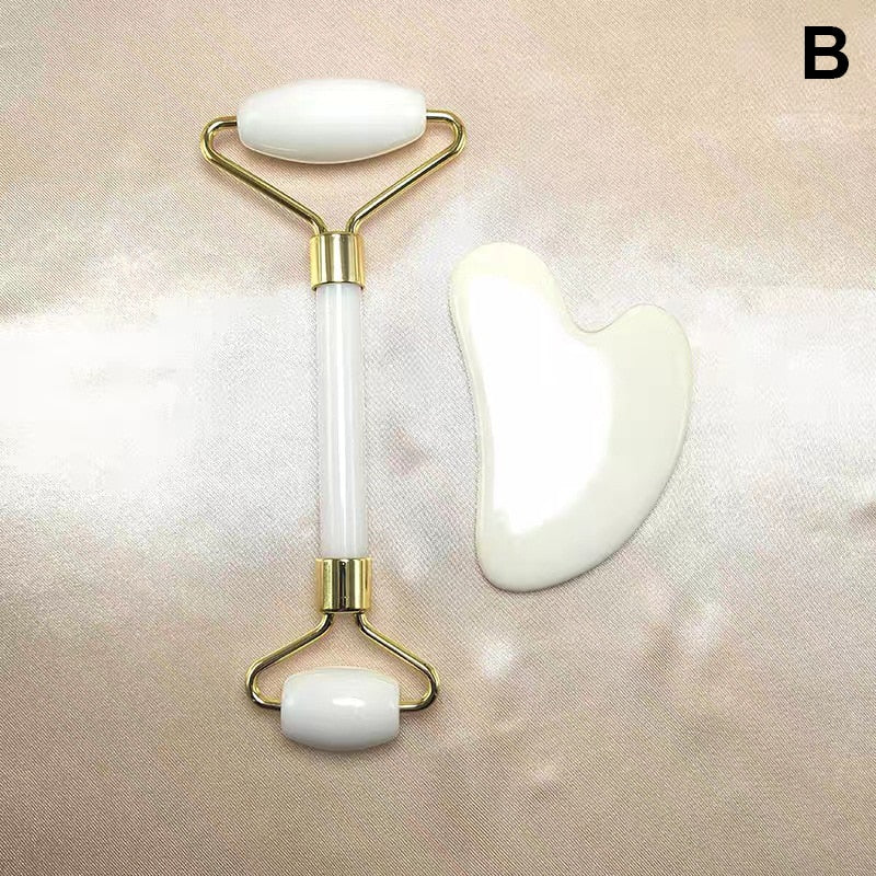Weißer Jade-Roller und Gua Sha Set, Gesichtsmassage, Hautpflege, Entspannung, Anti-Aging.