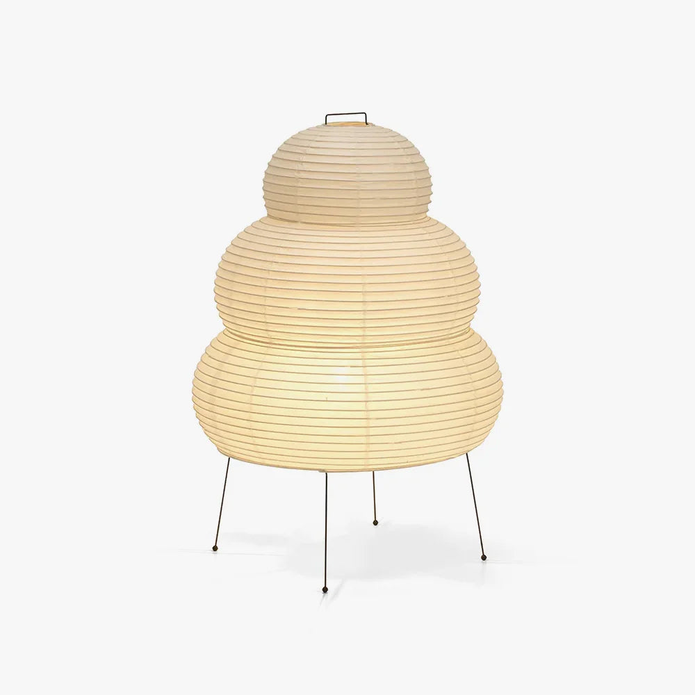 Japanische Washi-Papier-Tischlampe, dreistufig, beige, Metallbeine, modernes Design.