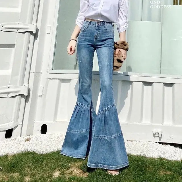 Damen-Jeans 2023, blau, Bootcut, Baumwolle, modisch, Frühling, Herbst, Büro, koreanischer Stil.