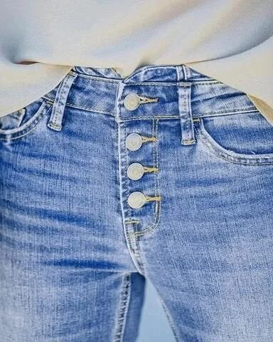 Damen-Jeans mit hoher Taille, hellblau, Knopfleiste, Denim, modisch, lässig, bequem.