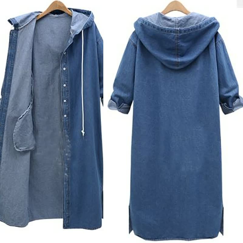 Damen Jeans-Kapuzenkleid, lang, blau, lässig, mit Knopfleiste, Kordelzug, Taschen.