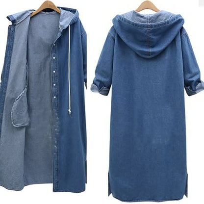 Damen Jeans-Kapuzenkleid, lang, blau, lässig, mit Knopfleiste, Kordelzug, Taschen.