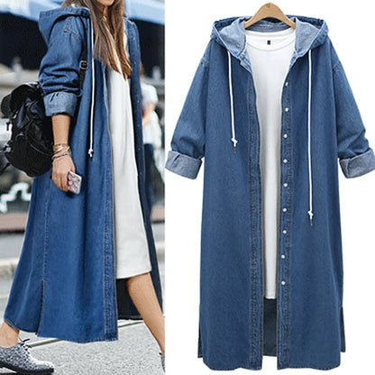 Damen Jeansmantel mit Kapuze, lang, blau, lässig, Knopfleiste, Streetwear, Mode.