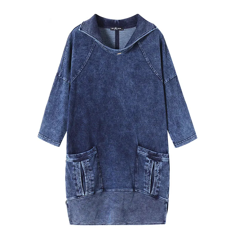 Blaues Jeanskleid Damen, lässig, langärmelig, mit Taschen, modisch, bequem.