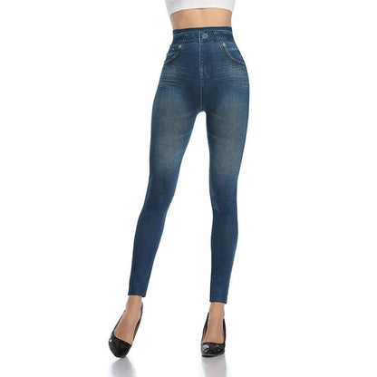 Damen Slim-Fit Jeggings, blau, Jeans-Optik, hohe Taille, figurbetont, modisch.