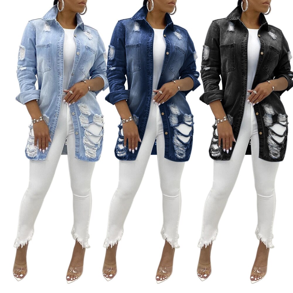 Damen Jeansjacke, zerrissen, lang, in Blau, Hellblau, Schwarz, modisch, lässig, Streetwear.
