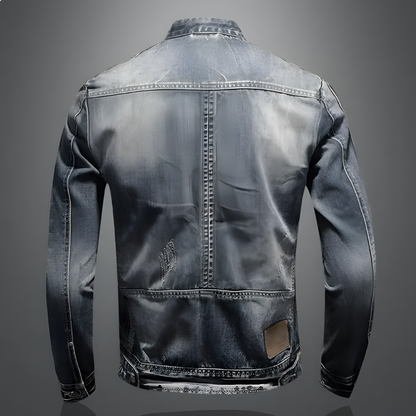 Graue Jeansjacke Herren, Vintage-Look, Denim, modisch, Rückansicht, robuste Nähte