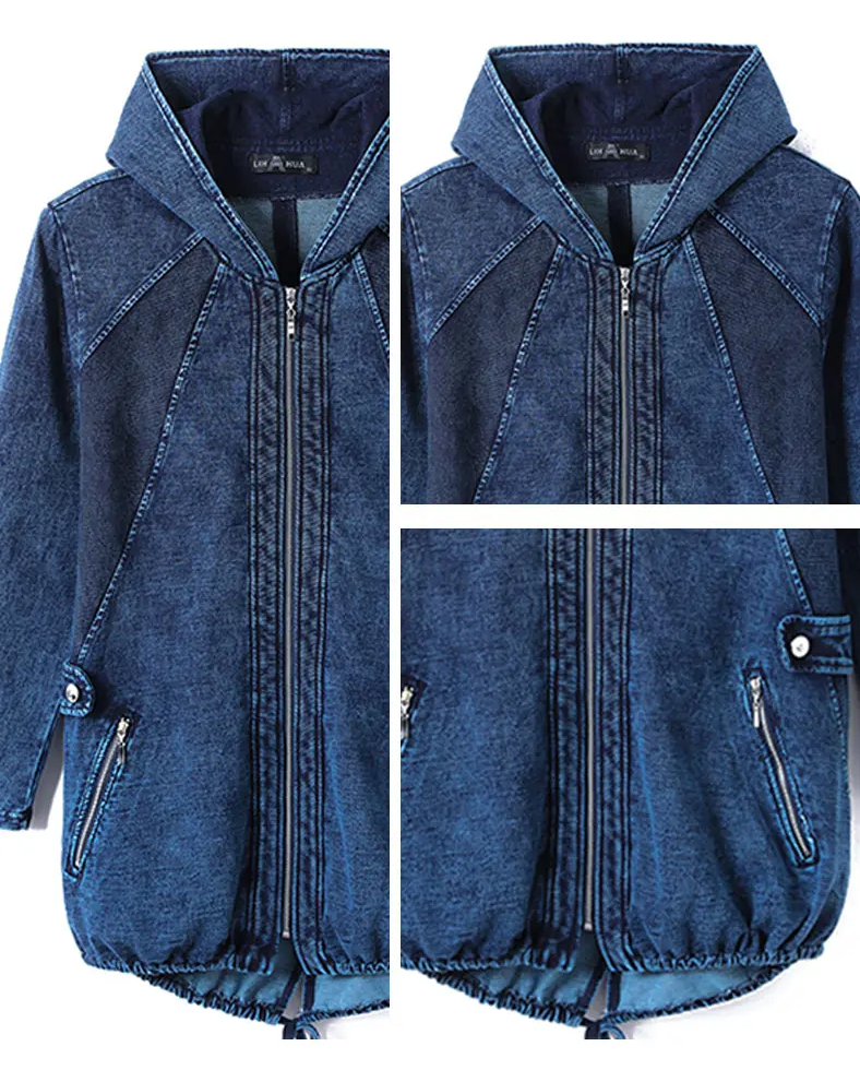 Dunkelblaue Jeansjacke mit Kapuze, Reißverschluss, Taschen, Kinderbekleidung, modisch.