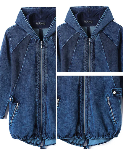 Dunkelblaue Jeansjacke mit Kapuze, Reißverschluss, Taschen, Kinderbekleidung, modisch.