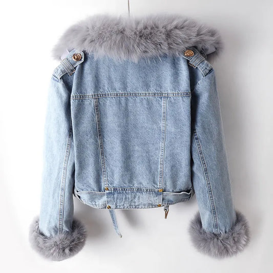 Damen Jeansjacke mit grauem Kunstfellkragen, modisch, blau, Winterjacke, warm.