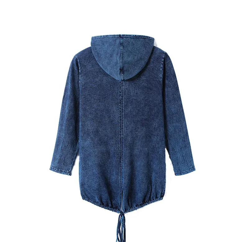 Damen-Jeansjacke mit Kapuze, blau, langärmelig, lässig, Kordelzug, modisch.