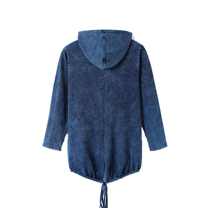 Damen-Jeansjacke mit Kapuze, blau, langärmelig, lässig, Kordelzug, modisch.