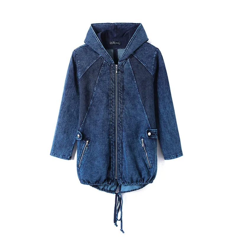 Damen-Jeansjacke mit Kapuze, dunkelblau, Reißverschluss, Taschen, lässiger Stil.