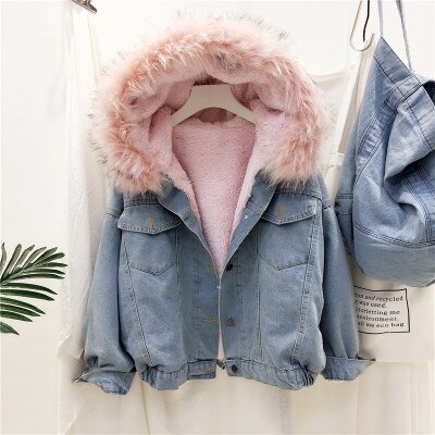 Damen Jeansjacke mit rosa Kunstfellkapuze, lässig, warm, modisch, Herbst Winterjacke.