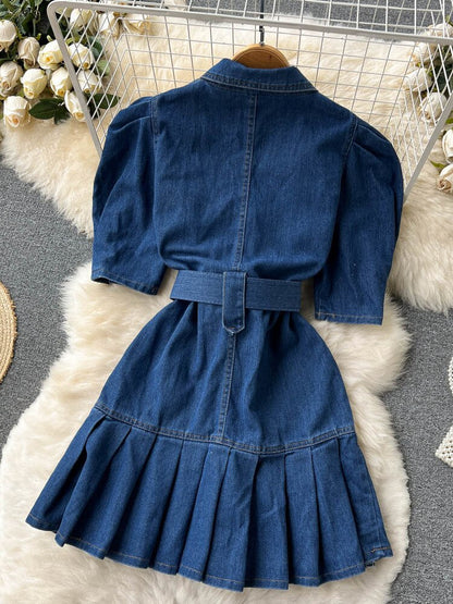Dunkelblaues Jeanskleid mit Gürtel, Faltenrock, Damenmode, lässig, elegant, Baumwolle.