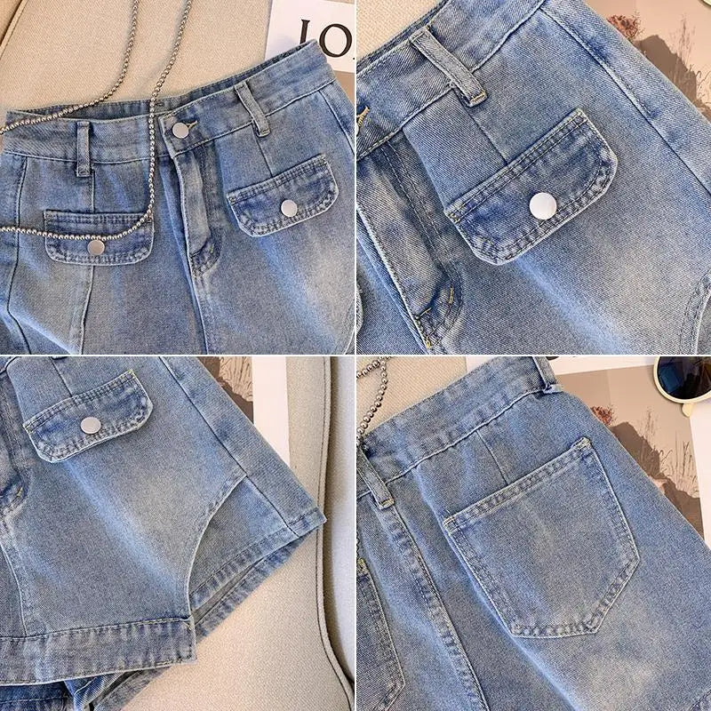 Damen Jeansshorts, hellblau, Taschen, Knopfverschluss, Sommermode, Freizeitkleidung.