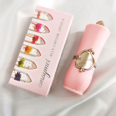 Rosa Jelly Crystal Lippenstift mit Blumen, luxuriöse Verpackung, feuchtigkeitsspendend, vegan.