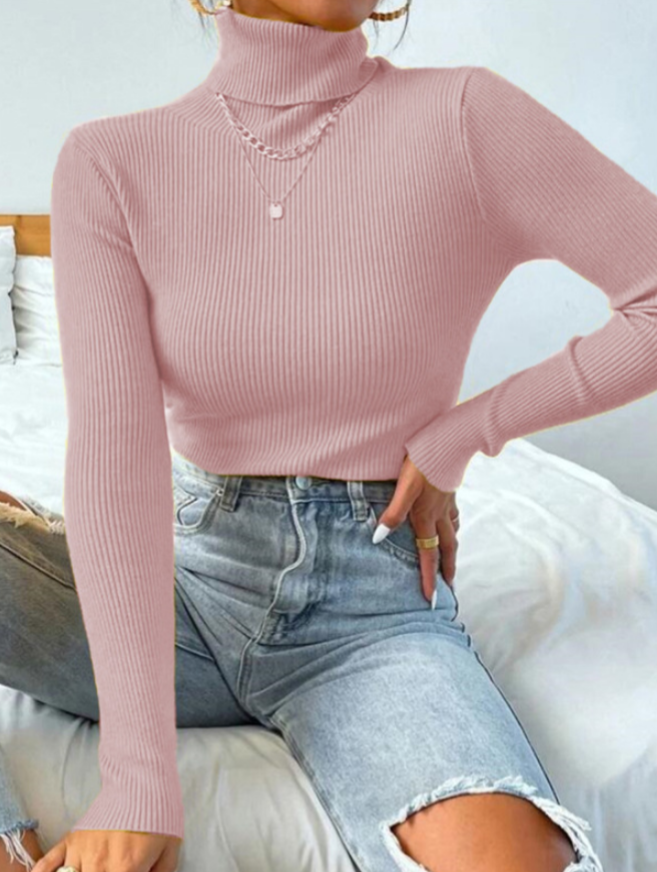 Damen Rollkragenpullover rosa, gerippt, langärmelig, modisch, bequem, Herbstmode.