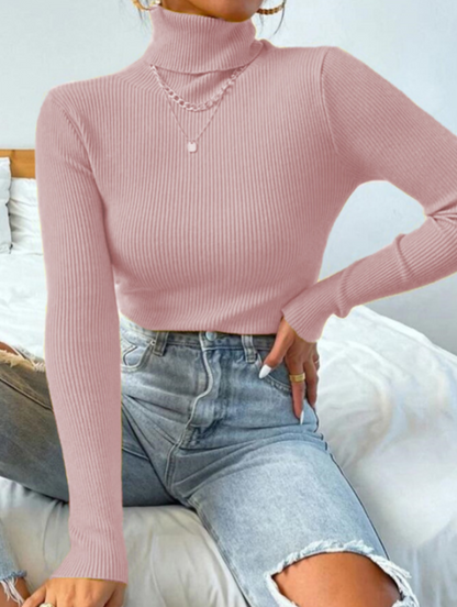 Damen Rollkragenpullover rosa, gerippt, langärmelig, modisch, bequem, Herbstmode.