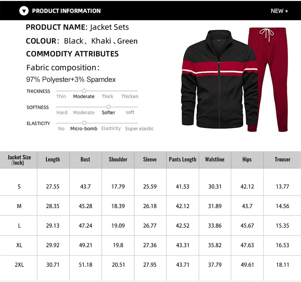 Schwarzer Trainingsanzug mit rotem Streifen, Polyester-Spandex, Herrenmode, Größentabelle.