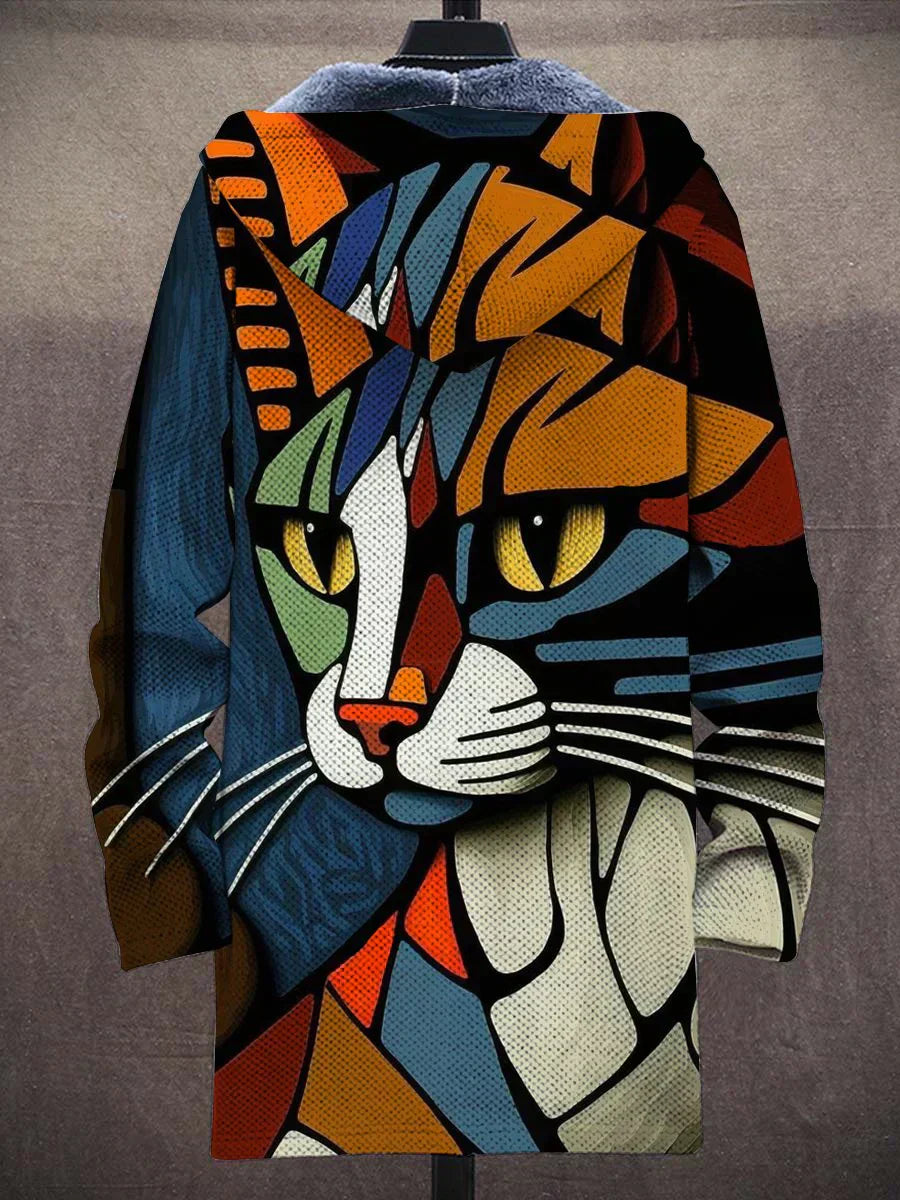 Bunter Mantel mit Katzenmotiv, abstraktes Design, leuchtende Farben, Kunstmode, Unisex.