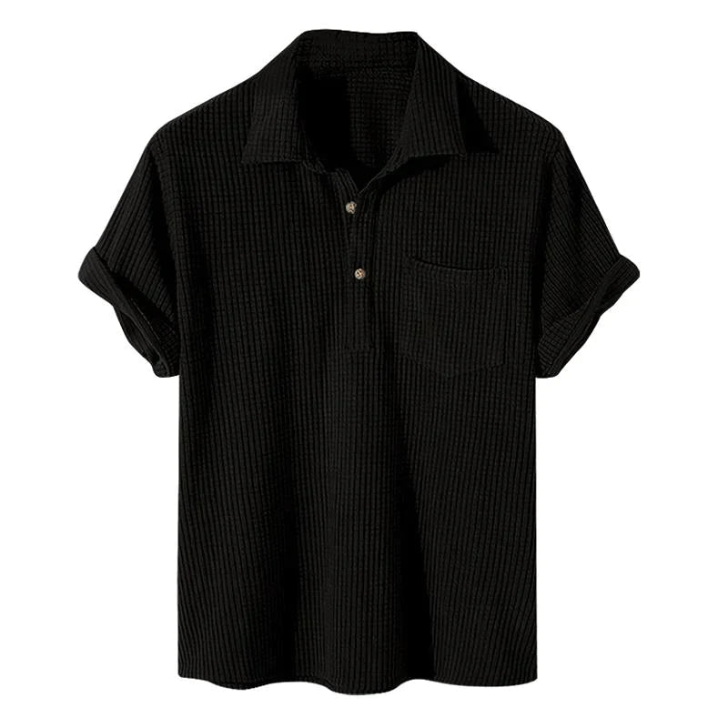 Schwarzes Herren-Poloshirt, kurzärmelig, geripptes Design, Baumwolle, klassischer Kragen.