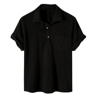 Schwarzes Herren-Poloshirt, kurzärmelig, geripptes Design, Baumwolle, klassischer Kragen.