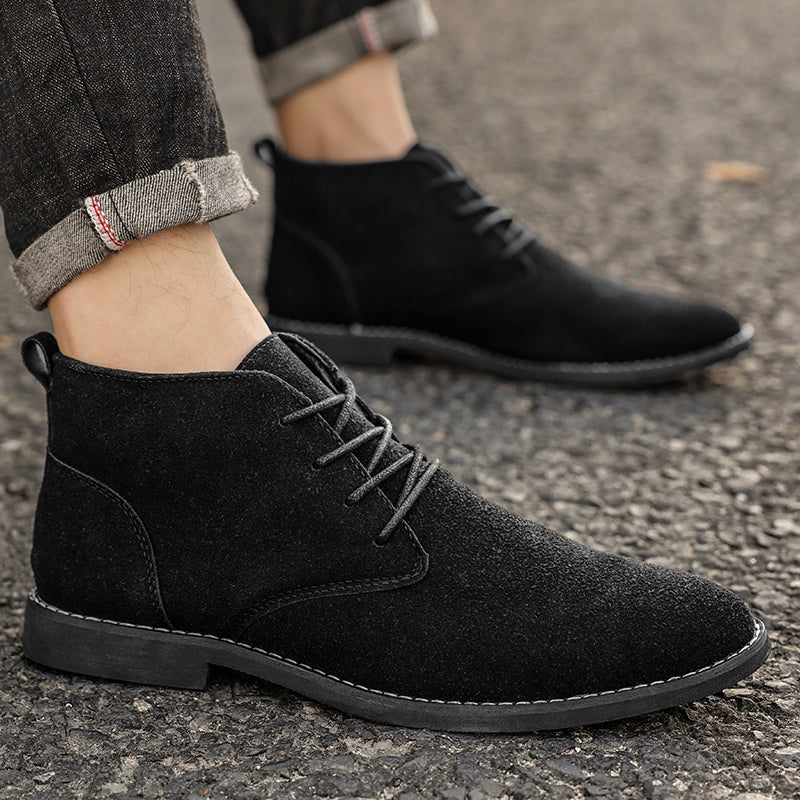 Schwarze Herren-Winterstiefel, Wildleder, Schnürung, britischer Stil, lässig, robust.