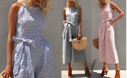 Randig sommar-jumpsuit för damer med vida ben och V-ringning – Alina