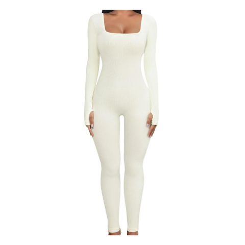 Beiger Langarm-Jumpsuit für Damen, figurbetont, Shapewear, modisch, elegant.