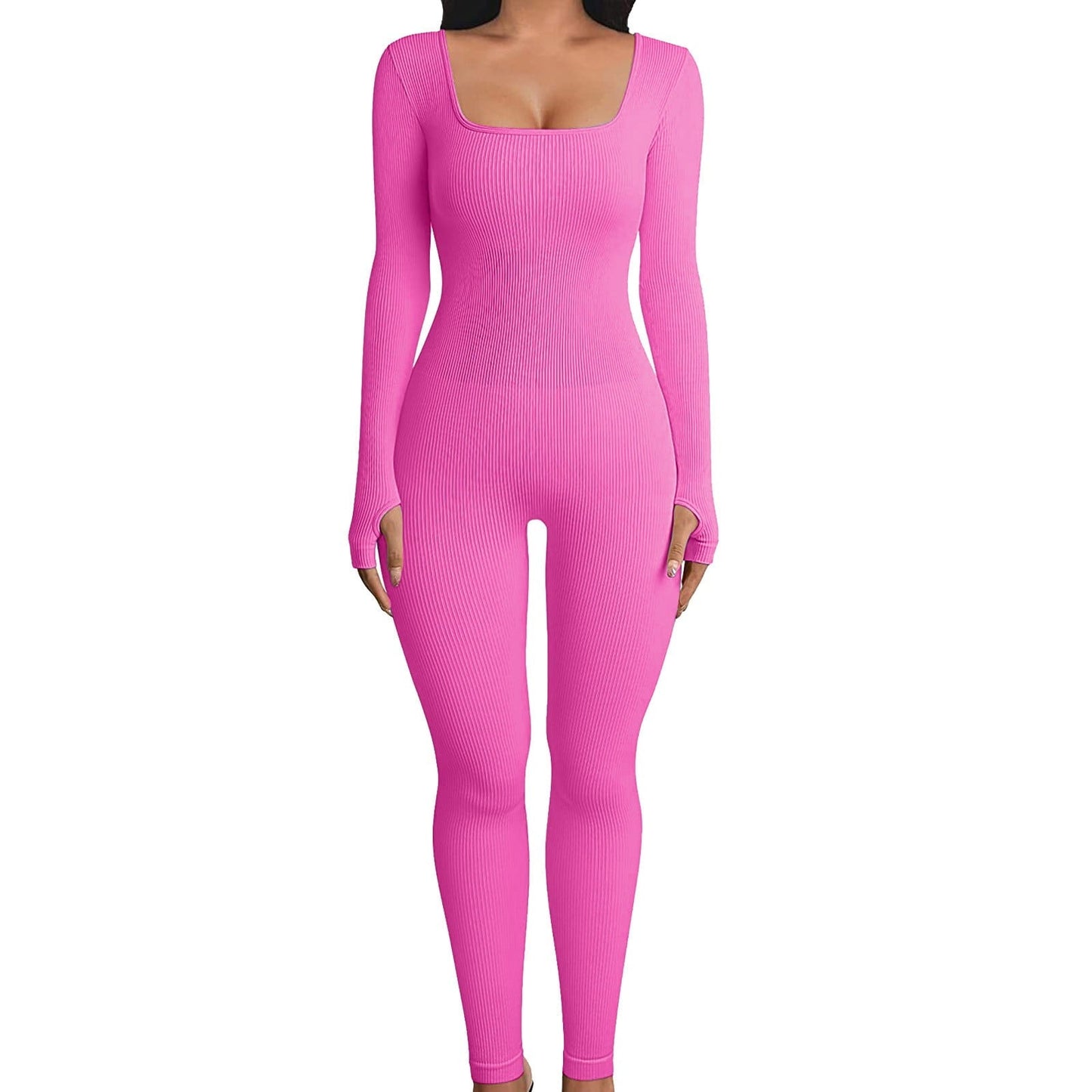 Fuchsiafarbener Langarm-Jumpsuit für Damen, nahtlos, figurbetont, modisch, bequem.