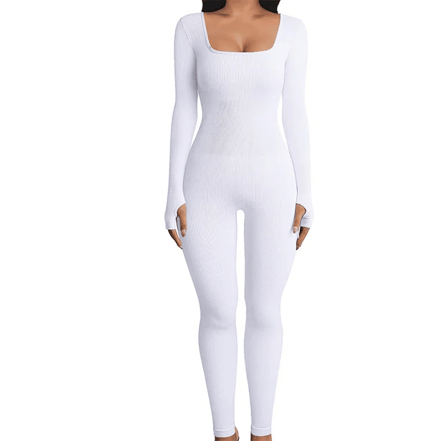 Weiße langärmlige Shapewear-Jumpsuit für Damen, figurbetont, elegant, bequem.