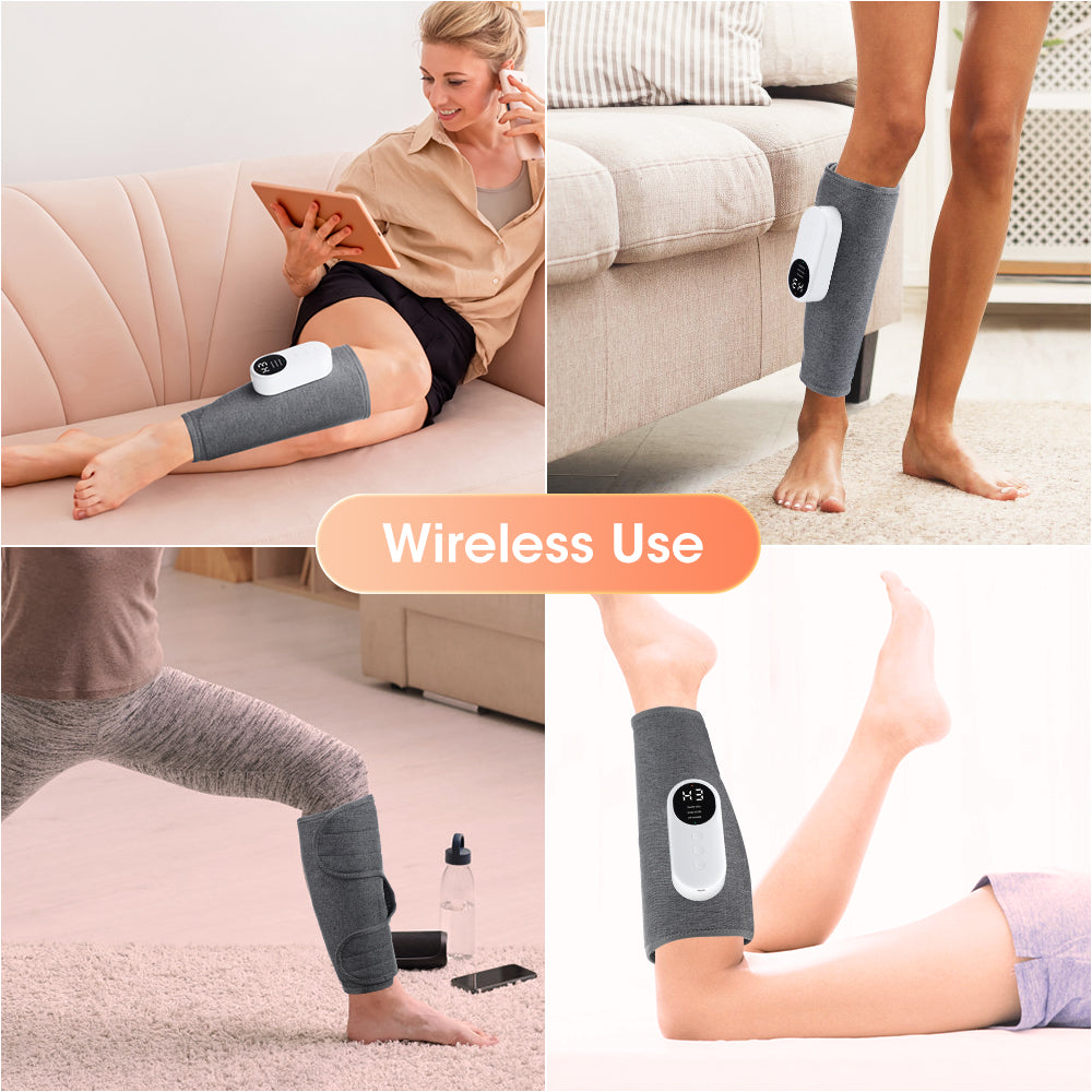 Kabelloses Beinmassagegerät, grau, tragbar, für Muskelentspannung und Schmerzlinderung.