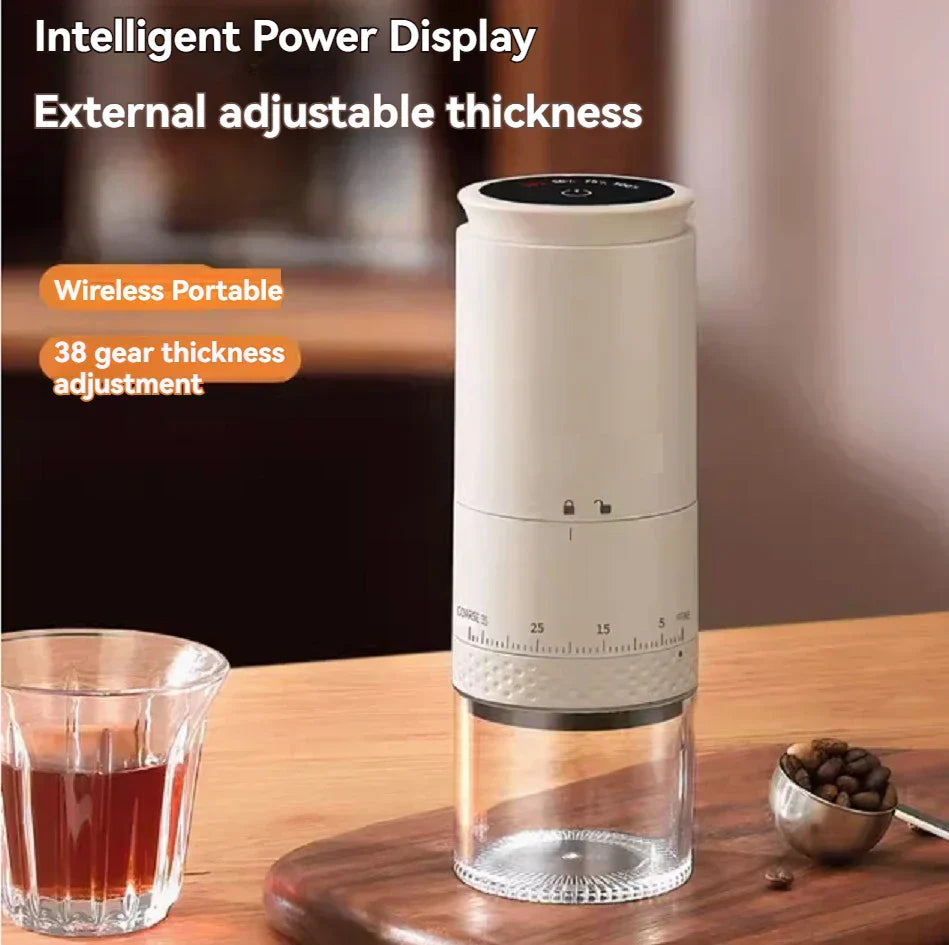 Kabellose elektrische Kaffeemühle, weiß, 38-stufige Mahlgradeinstellung, intelligentes Display.