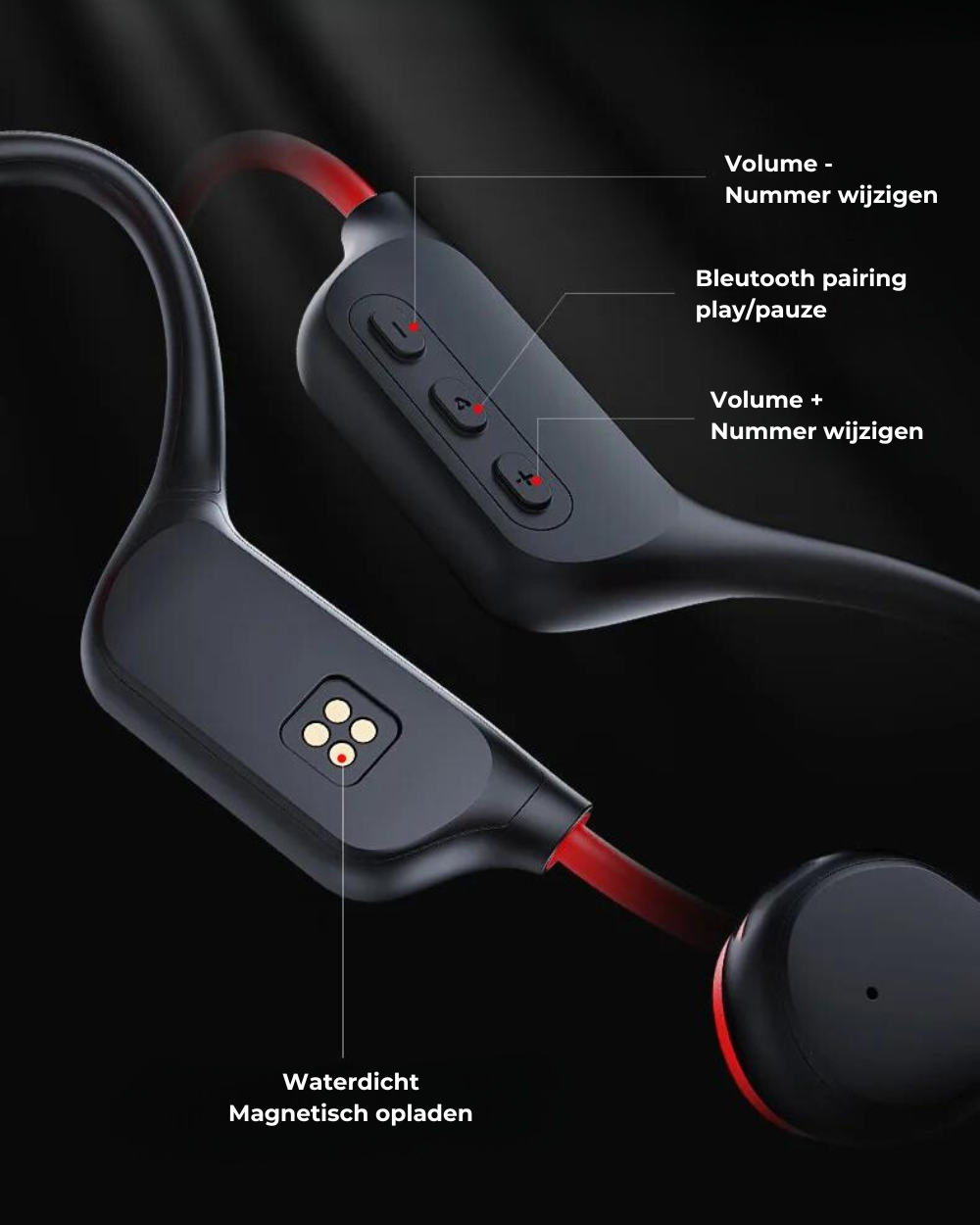 Schwarze kabellose Bluetooth-Kopfhörer mit Lautstärkeregler und magnetischem Ladeanschluss.