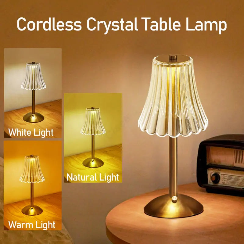 Kabellose Kristall-Tischlampe, LED, wiederaufladbar, warmes und weißes Licht, Schlafzimmer.