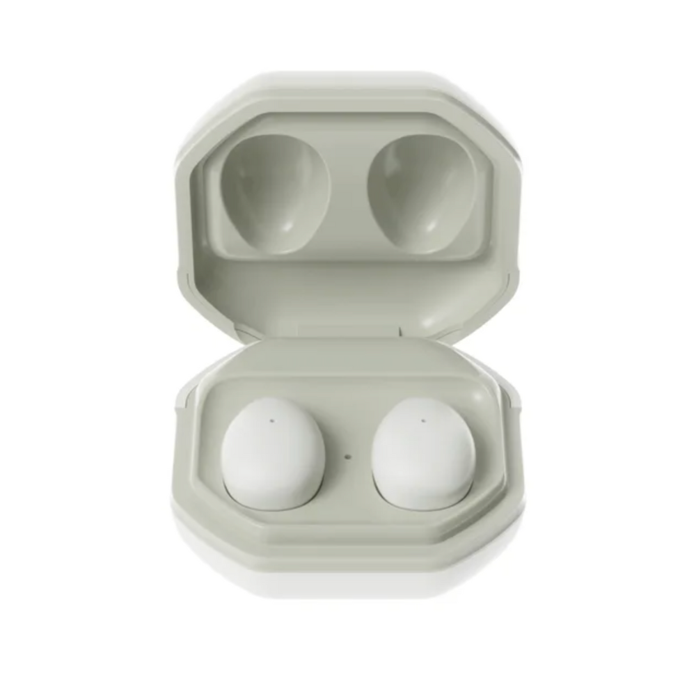 Weiße kabellose In-Ear-Kopfhörer im Ladecase, Bluetooth, modernes Design.