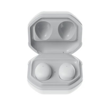 Weiße kabellose In-Ear-Kopfhörer im Ladecase, Bluetooth, modernes Design.