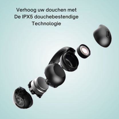 Schwarze kabellose Ohrhörer, IPX5 wasserdicht, ideal für Dusche und Sport.