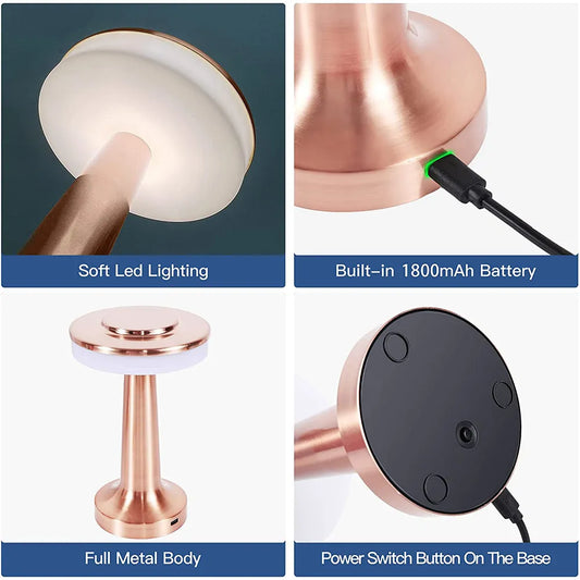 Kupferfarbene LED-Tischlampe, integrierter 1800mAh Akku, Metallgehäuse, Touch-Schalter.