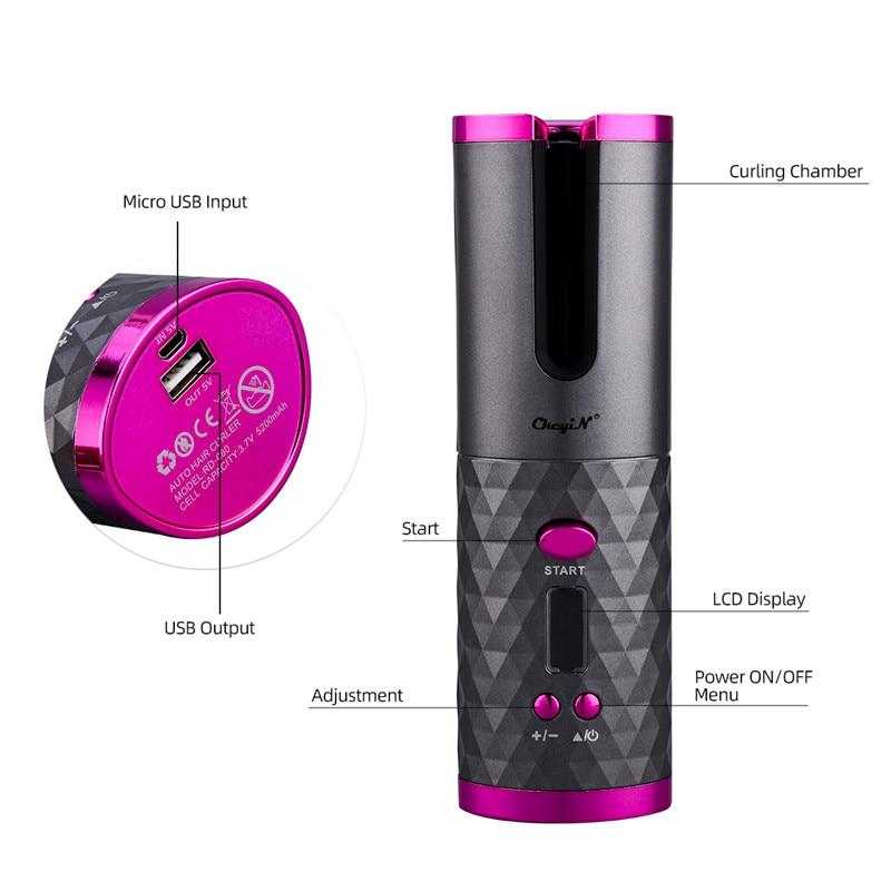 Kabelloser Lockenstab, schwarz-pink, mit LCD-Display und USB-Anschluss, tragbar, wiederaufladbar.