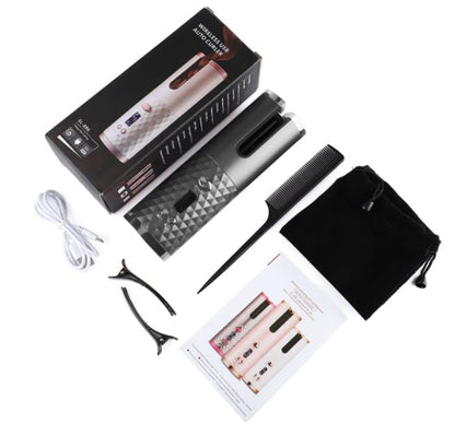 Kabelloser automatischer Lockenstab, schwarz, mit Zubehör, Verpackung und Anleitung.